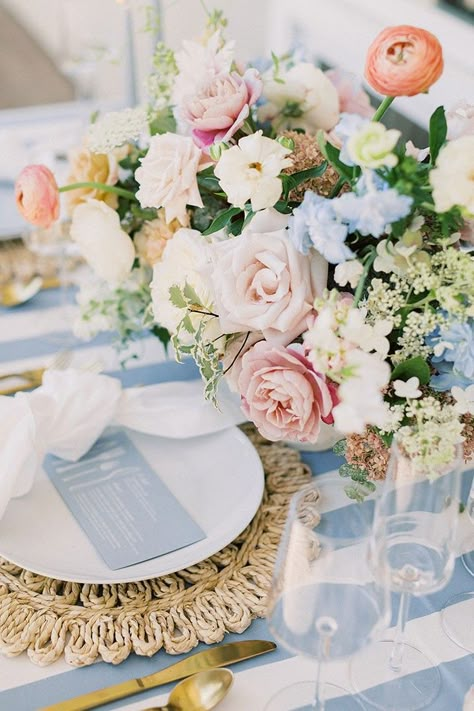 Dusty Blue Cabana Stripe Tablecloths with Woven Rattan Chargers for a Coastal Farmhouse Wedding Reception Dusty Blue And Blush Wedding, Bridesmaid Dresses Blush, New England Summer, Blue And Blush Wedding, Dusty Blue Bridesmaid, Coastal New England, Blush Wedding Colors, Blush Bouquet Wedding, Wedding Color Combos