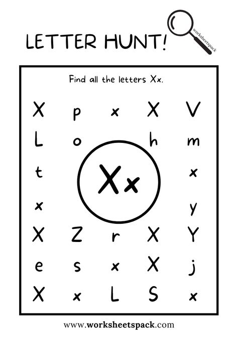 Find the Letter X Worksheet, Alphabet X Hunt Activity Free Printable for Kids - worksheetspack Letter X Craft For Preschoolers, Letter X Worksheet, Letter P Printable, X Worksheet, Letter X Crafts, Worksheet Alphabet, Letter Hunt, Alphabet Letter Activities, Phonics Reading Passages