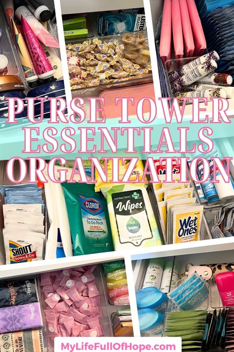 HOW TO ORGANIZE PURSE ESSENTIALS - PURSE TOWER ORGANIZATION - Do you feel like you are always running out of items for your purse, handbag, book bag when you are out & about because everything is displaced in your home or you simply forgot to purchase them. Sharing how my purse organization for all of musthaves & essentials. Using this 7 drawer cabient creates great storage & wonderful clean aesthetic. Great for every womens daily needs! Create one for yourself! #handbags #purses #pursetower Inside Handbag Organization, Purse Essentials Organization, Women Emergency Kit Purses, Dollar Tree Purse Essentials, Women Purse Essentials, Amazon Purse Essentials, Organize Everything, Car Bag Essentials For Women, On The Go Essentials