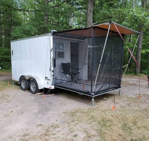 Homemade Trailer Camper, Hunting Trailer Ideas, Trailer Turned Into Camper, Car Trailer Camper Conversion, Inclosed Trailer Diy, Closed Trailer Camper, Bike Trailer Camper, 7x16 Cargo Trailer Camper, Cargo Camper Trailer