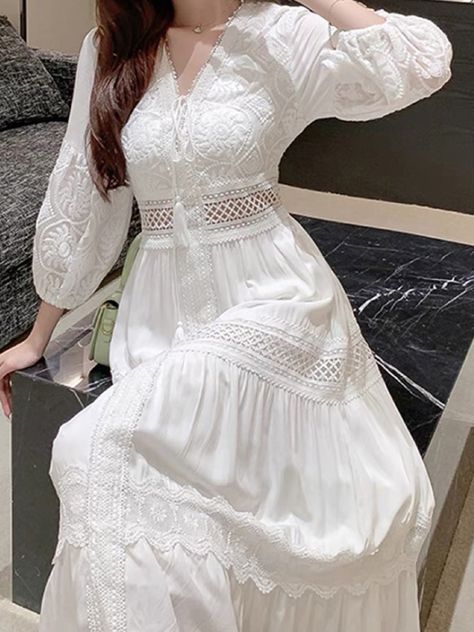 White Lace Dress Long, Hollow Out Dress, Lace Beach Dress, White Long Dress, White Maxi Dress Boho, Boho Sundress, Vintage Long Dress, White Boho Dress, Long White Dress