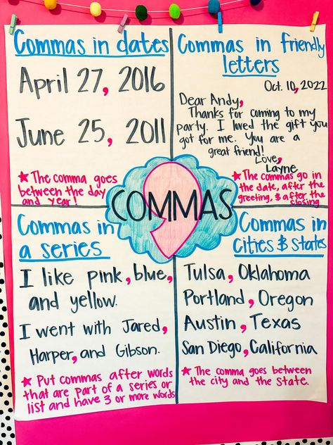 Commas Anchor Chart 2nd Grade, Comma Anchor Chart 3rd Grade, Comma In A Series Anchor Chart, Commas In A Series Anchor Chart, Commas Anchor Chart, Commas In A Series, Writing Sentences Worksheets, 2nd Grade Grammar, Punctuation Worksheets