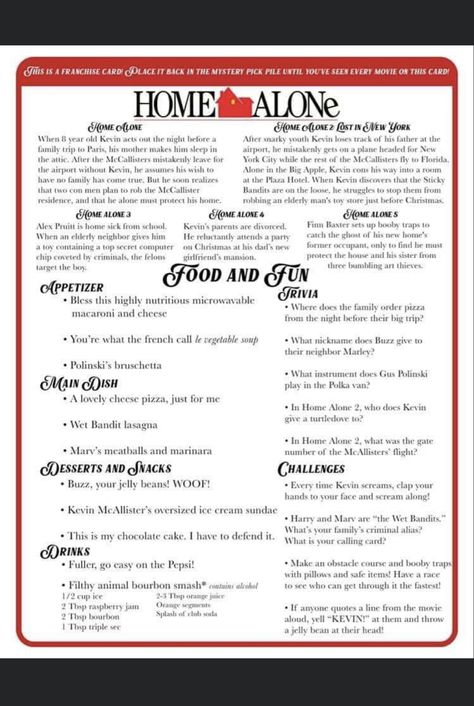 Elf Dinner Menu Ideas, Halloween Movie Dinner Theme, Home Alone Food Ideas, Christmas Movie And Dinner, Halloween Movie Themed Dinner, Christmas Movie And Dinner Ideas, Home Alone Dinner, Leavenworth Christmas, Family Movie Night Themes