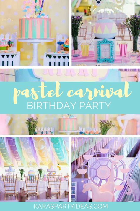 Pastel Carnival Birthday Party via Kara's Party Ideas - KarasPartyIdeas.com Carnival Candy Table Ideas, Pastel Carnival Cake, Pastel Circus Cake, Carnival Birthday Party Cake, Pastel Carnival Theme Party, Pastel Carnival Birthday Party, Pastel Carnival, Pastel Circus, Carnival Cake