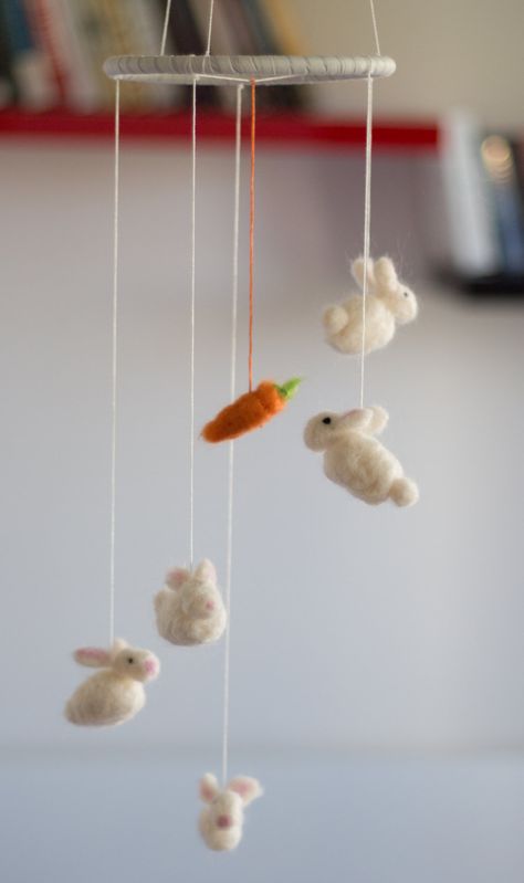 Bunny Baby Mobile for Nursery – Kids Room Décor – Needle Felted Rabbit Mobile - pinned by pin4etsy.com Bunny Mobile, Felted Rabbit, Felt Mobile, Needle Felting Tutorials, Needle Felting Projects, Felting Tutorials, Baby Decor, Easter Diy, Cute Crafts