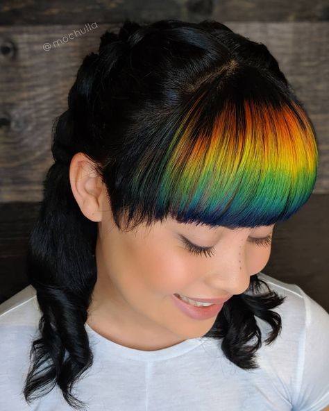 Black And Rainbow Hair, Pride Hair Color, Dark Rainbow Hair, Rainbow Bangs, Pride Hair, Phoenix Hair, Hair Couture, Hair Rainbow, Couture Hairstyles