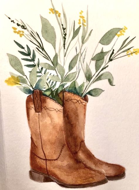 Country Aesthetic Painting Easy, Cowboy Boot Acrylic Painting, Stuff To Paint With Watercolor, Western Aesthetic Drawing, Watercolor Cowgirl Boots, Easy Farm Paintings For Beginners, Cowboy Boots Watercolor, Country Canvas Painting Ideas, Easy Paintings Western