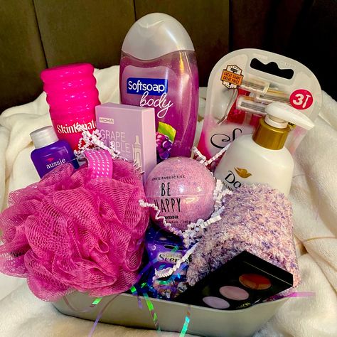 Lovely Gift For Mom Daughter Sister Aunt Wife Friend. Perfect For Mothers Day / Birthday / Any Occasion Included: Revlon Eye Shadow Palette / Fuzzy Socks Dove Probiotic Aa Hand Wash 12 Ounce Aussie Travel Conditioner / Be Happy Bath Bomb Skintimate Raspberry Shave Gel / Bic 3 Count Razors Soft Soap Body Wash Blackberry 20 Oz / Pink Poof Fun Purple Pens 5 Count / Pretty Purple Candle Hygiene Baskets For Women, Hygiene Gift Basket Ideas, Gift Basket Ideas Purple, B Day Gifts For Best Friends, Period Basket For Daughter, Self Care Basket Ideas Diy Gifts, Gift Ideas For Little Sister, Mother’s Day Gifts Baskets, New Mother Gift Basket