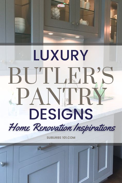 Fall in love with these luxury Butler's Pantry ideas for your home renovation? A must-have for someone who loves to host guests. These butler pantries serve as a bar and entertaining prep area where you can showcase your prized crystal glassware and fine liquor. Get inspired with these Butler's Pantry layout ideas to custom cabinets to backsplash- here are extravagant Butler's Pantries that are found in multi-million dollar homes. Perfect for luxury home remodels. Butler Pantry Backsplash Ideas, Butler Bar Ideas, Butlers Pantry Off Dining Room, Elegant Pantry Ideas, Swinging Butler Pantry Door, Built In Butlers Pantry Buffet, Wet Bar Pantry Combo, Butlers Pantry Backsplash Ideas, Bar Pantry Ideas