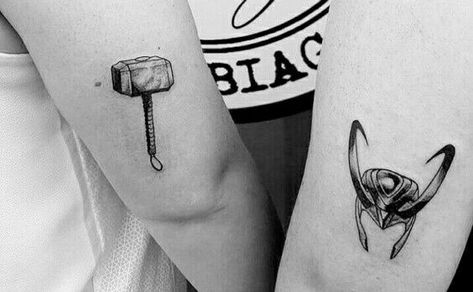 Tattoos Ideas For Brothers, Thor And Loki Sibling Tattoo, Marvel Related Tattoos, Loki Staff Tattoo, 2 Brother Tattoo Ideas, Thor And Loki Matching Tattoos, Marvel Bff Tattoos, Marvel Best Friend Tattoos, 2 Brothers Tattoo Ideas