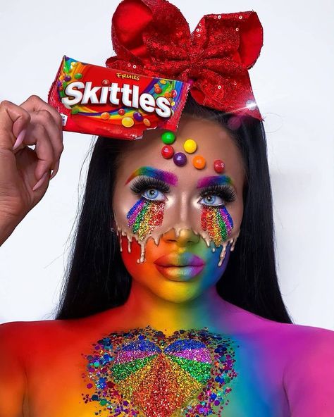 Beauty on Instagram: “🏳️‍🌈❤️DRIPPIN WITH PRIDE❤️🏳️‍🌈 ‍ ‍ ‍ ‍ ‍ ‍ ‍  What's the fun in being the same? 🙌🏽🌈❤️✨ ‍ ‍ ‍  Follow :@beautymakeuplooks TAG 🥰…” Sfx Makeup Inspiration, Rainbow Skittles, Candy Photoshoot, Candy Fashion, Candy Makeup, Makeup Looks For Green Eyes, Special Fx Makeup, Special Effects Makeup, Stunning Makeup