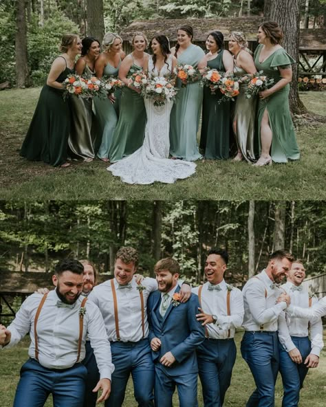 One of the sweetest and most heartfelt days. 💗 Happy first wedding anniversary, Holly and Tyler! Cheers to forever adventuring together! Vendors who made their day amazing: Venue: @thecampatbuffalomountain Videographers: @radiantmountainmedia Coordinator: Vanessa Canter, @canter_entertainment Officiant: Rick Toomey Florist: @simplyyoursandco Beauty: @powerponystudios Dress: @bluewillowbridal1 Veil: @veilsbysarah Bridesmaids’ Dresses: @birdygrey Groom & Groomsmen Suits: @bluewillow... Navy Blue And Green Groomsmen, Green Bridesmaid And Blue Groomsmen, Green Bridesmaids Blue Groomsmen, Green Bridesmaid Dresses And Navy Suits, Shades Of Green Groomsmen, Shades Of Green And Blue Bridesmaid Dresses, Green And Blue Groomsmen, Navy And Green Bridal Party, Blue And Green Bridal Party