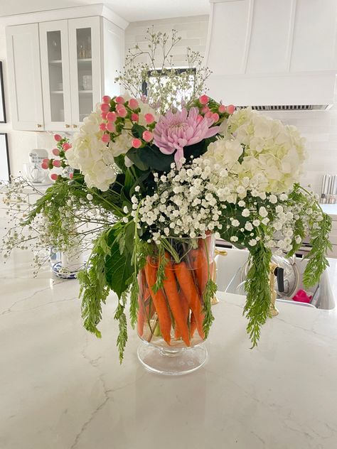 Carrots in tall vase with flowers Peter Rabbit Floral Arrangement, Carrot Flower Arrangement, Simple Easter Decor, Christ Has Risen, Carrot Flowers, Shower Flowers, Easter 2024, Easter Flower Arrangements, Easter Entertaining