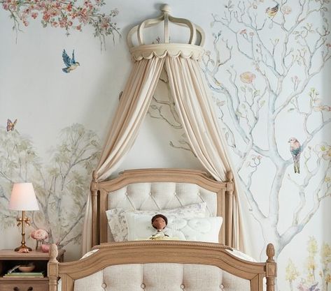 Disney Princess Bedding & Room Decor | Pottery Barn Kids Canopys For Beds, Wooden Crown Decoration, Royal Princess Nursery, Classy Princess Bedroom, Magic Kingdom Nursery, Canopy Toddler Bed, Crown Canopy Over Bed, Ballet Themed Nursery, Swan Lake Nursery Theme