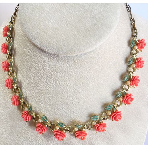 Coral Celluloid Vintage Flower Necklace with Green Leaves and Glass... ($29) ❤ liked on Polyvore featuring jewelry, necklaces, flower necklaces, rose necklace, vintage glass necklace, green pearl necklace and pearl flower necklace Flowers Indian, Antique Gold Jewelry Indian, Coral Rose, Long Pearl Necklaces, Antique Gold Jewelry, Rose Necklace, Gold Jewelry Indian, Leaf Necklace, Stunning Necklace