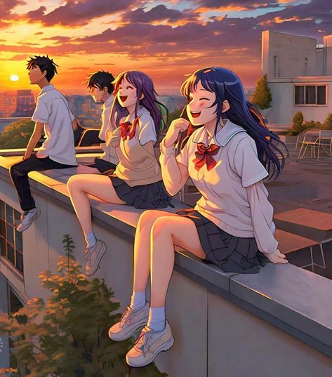 Anime high school students sitting on a rooftop at sunset. School Rooftop Anime, School Rooftop, Quiet Moments, School Students, High School Students, Beautiful Sunset, Board Games, High School, Illustration Art