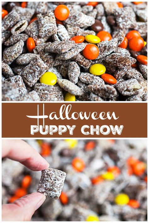 This Halloween Puppy Chow recipe is easy to make and perfect for a party! It's made with Rice Chex Cereal, chocolate, peanut butter, powdered sugar, and Reese's Pieces candies. This gluten free snack is the best holiday treat. These fun Muddy Buddies are sweet, salty, and totally addicting! A great dessert for fall or anytime. #puppychow #muddybuddies #halloween #chex #cereal #chocolate #glutenfree Halloween Puppy Chow, Salty Party Snacks, Gluten Free Halloween Treats, Puppy Chow Recipe, Gluten Free Party Food, Hot Fudge Cake, Gluten Free Halloween, Gluten Free Snack, Easy Party Desserts