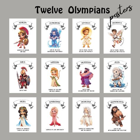 12 Olympians, Twelve Olympians, Hallway Decoration, Fire Goddess, Handmade Poster, Ancient Greek Gods, The Olympians, Greek And Roman Mythology, Board Wall