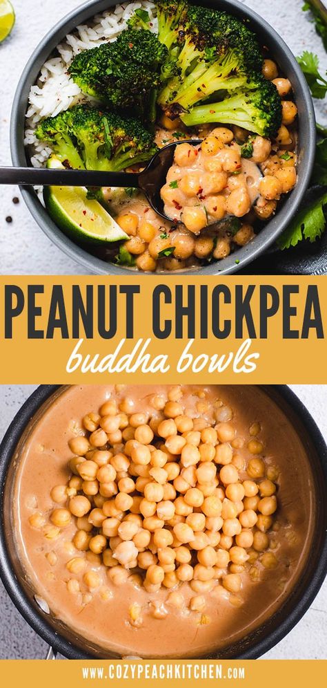 Chickpea And Broccoli, Peanut Chickpea, Peanut Sauce Tofu, Broccoli Bowls, Chickpea Bowls, Vegetarian Bowls, Broccoli And Rice, Cherry Tomato Pasta, Cooking White Rice