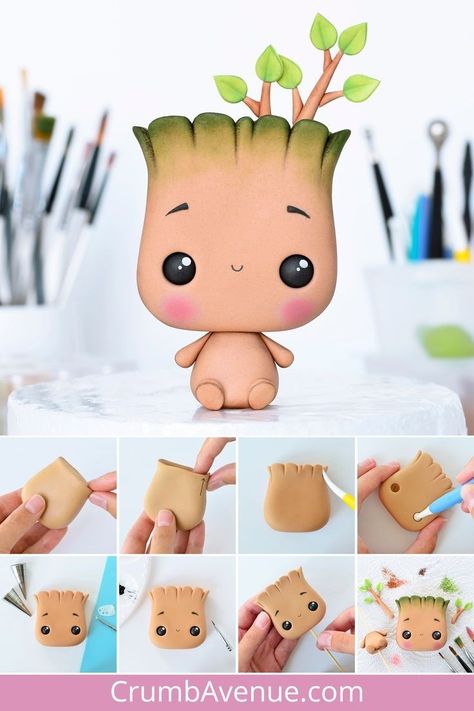 Groot Cake Topper, Baby Groot Cake, Groot Cake, Fimo Kawaii, Polymer Clay Kunst, Clay Crafts For Kids, Fondant Animals, Cake Topper Tutorial, Tanah Liat