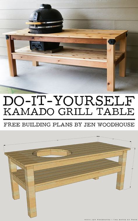 How to build a DIY grill table for Big Green Egg BGE / Kamado Joe Kamado Ceramic Grill - free building plans by Jen Woodhouse Kamado Joe Table, Big Green Egg Table Plans, Diy Grill Table, Kamado Grill Table, Kamado Table, Big Green Egg Outdoor Kitchen, Big Green Egg Table, Jen Woodhouse, Free Building Plans