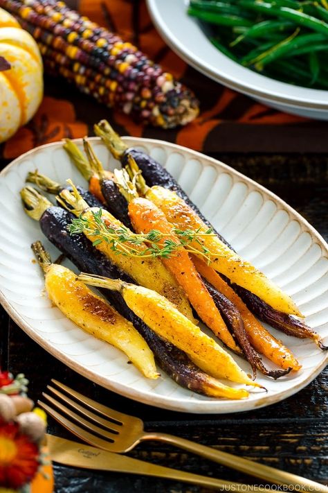 These Maple and Miso Glazed Roasted Carrots have a slightly sweet, caramel-like flavor and it's packed with umami! When dressed over your favorite roasted vegetables like carrots, it makes the tastiest side that everyone raves about. #roastedcarrot #miso | Easy Japanese Recipes at JustOneCookbook.com Maple Carrots, Glazed Roasted Carrots, Carrots Glazed, Vegetarian Japanese, Maple Glazed Carrots, Just One Cookbook, Recipes Vegetables, Miso Glaze, Easy Japanese Recipes