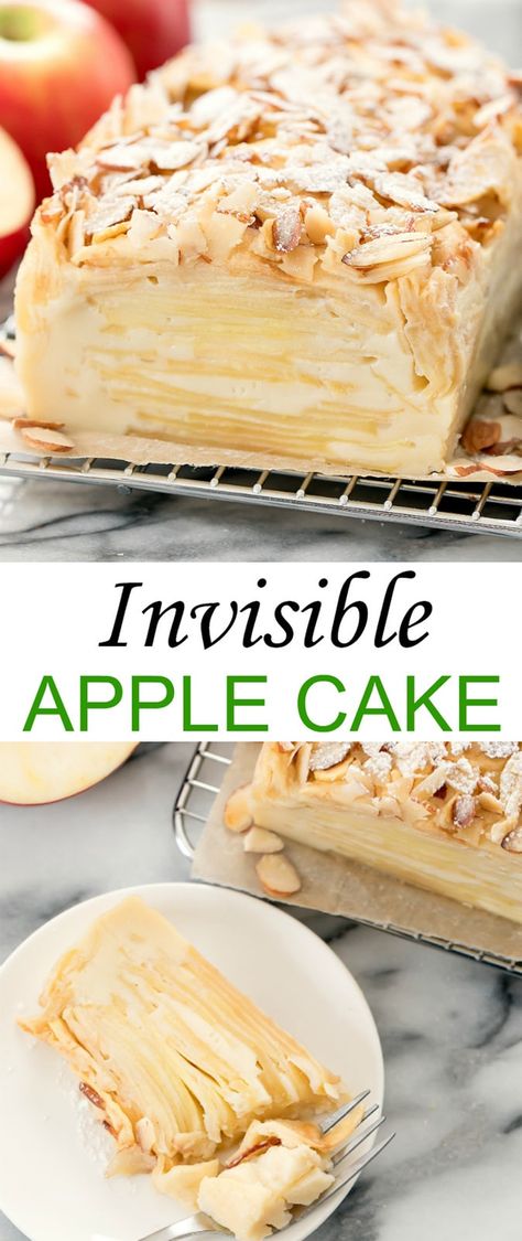 Invisible Apple Cake (Gâteau Invisible). This unique dessert features dozens of layers of thinly sliced apples held together by a custard-like cake batter. Apple Cake In Loaf Pan, Apple Crepe Cake, Apple Pie Custard Cake, Apple Cake With Sliced Apples, Apple Cake Pie, Apple Layer Dessert, Magic Apple Cake, Sliced Apple Dessert, Sliced Apple Dessert Recipes