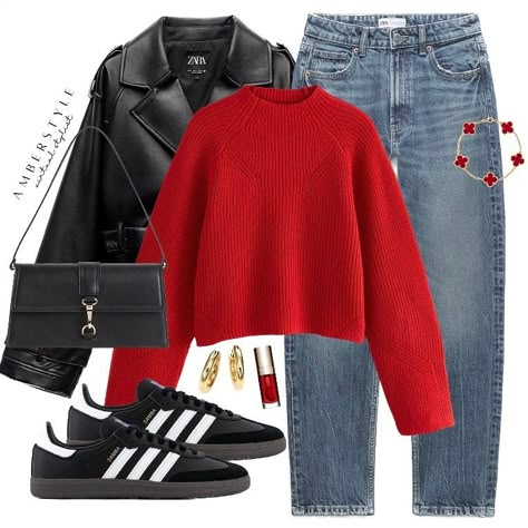 AMBERSTYLE | Happy Saturday 🍓🍎🍒 loving the pop of red x x | Instagram Red Jumper Outfit, Red Shirt Outfits, Outfits Con Jeans, Look Adidas, Red X, Pop Of Red, Winter Fashion Outfits Casual, Stylish Work Outfits, Red Sweater