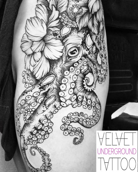 Blackwork Octopus Tattoo by Roxy Velvet at Velvet Underground Tattoo Octopus Tattoos Black And White, Hip Octopus Tattoo, Cute Octopus Tattoo Design, Womens Octopus Tattoo, Octopus And Flower Tattoo, Girly Octopus Tattoo, Flower Octopus Tattoo, Female Octopus Tattoo, Large Octopus Tattoo