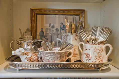 Display Silverware, Silverware Display, Display Collections, Silverware Caddy, Vintage Vignettes, Brown Transferware, Antique Dishes, Vintage Silverplate, Silver Trays