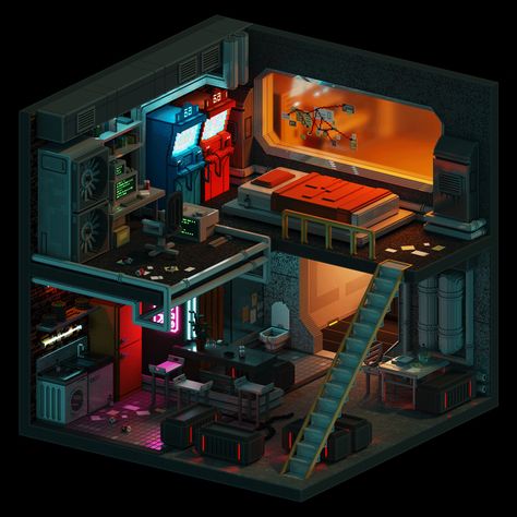 Cyberpunk Room - Voxel art on Behance Cyberpunk Room Ideas, Cyberpunk House, Cyberpunk Interior, Cyberpunk Room, Voxel Art, Sci Fi City, 2d Illustration, Isometric Art, Isometric Design