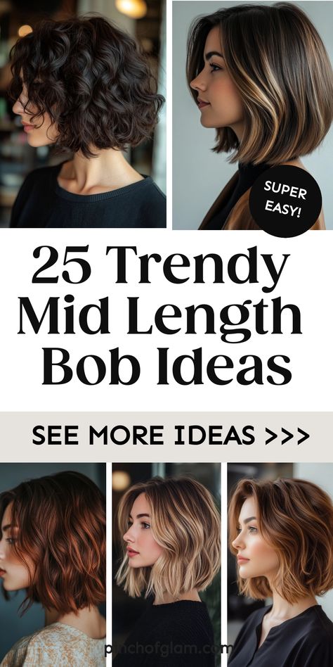 Looking for a chic and versatile new hairstyle? Check out these trendy mid-length bob hairstyles that are perfect for any occasion! Whether you prefer a classic mid-length bob cut or want to add layers for extra volume and texture, there's a style that will suit your personality. Embrace the effortless beauty of a mid-length bob haircut and get ready to turn heads wherever you go! Experiment with different styling options like loose curls, beachy waves, or sleek straight hair to find your signat Sassy Mid Length Haircuts, Long Layered Bobs Mid Length, Layer Bob Haircut Medium, Hairstyle Bob Medium, Mid Length Wavy Bob, Mid Hair Styles For Women, Sleek Long Bob Haircut, Medium Bob Wavy Hair, Bob Haircuts For Thick Wavy Hair