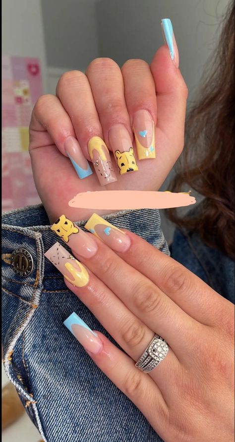 winnie the pooh nail art 💛🩵 #acrylic #nails #nailart #naildesign Winnie The Pooh Nail Art, Pooh Nail Art, Simple French Tip, Mosaic Nails, Disneyland Nails, Baby Shower Nails, Nails Grey, Disney Acrylic Nails, French Tip Design