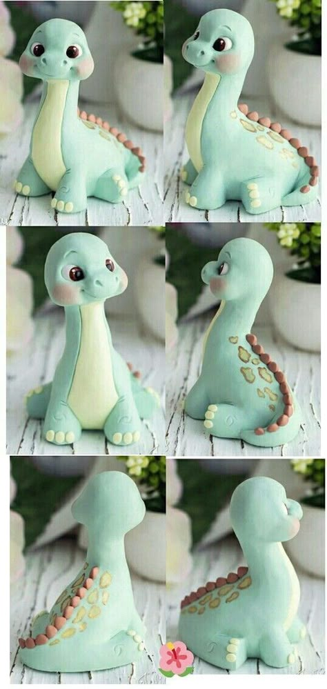 Fondant Dinosaur Tutorial How To Make, Cute Fondant Dinosaur, Fondant Dinosaur Topper, Polymer Clay Dinosaur Tutorial, Polymer Clay Cake Toppers, Diy Clay Dinosaur, Polymer Dinosaur, Clay Dinosaur Tutorial, Cute Polymer Clay Figures