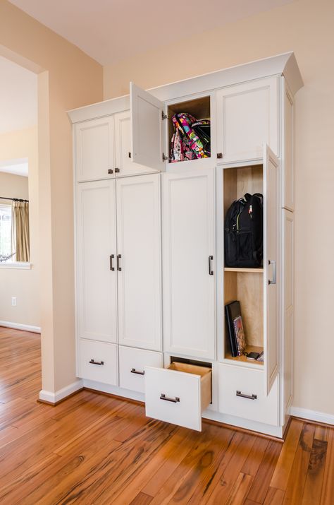 Backpack and sundries storage. Hidden Backpack Storage, Backpack Cabinet, Backpack Storage Entryway, Basement Storage Shelves, Entry Storage, Diy Playroom, Coat Storage, Wooden Storage Cabinet, Drop Zone