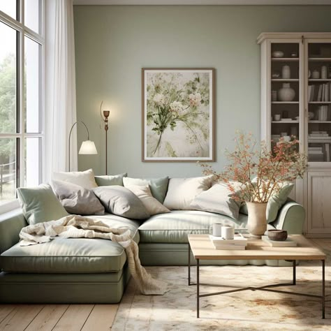 3+ Tips to Make Your Green Couch the Star of Your Living Room • 333+ Inspiring Lifestyle Ideas Green Couch Minimalist, Living Room Sage Couch, Spring Green Living Room, Green Walls Green Couch, Pale Green And Grey Living Room, Pale Green Sofa Living Room, Green Blue Tan Living Room, Green Sofa Neutral Living Room, Light Green Family Room