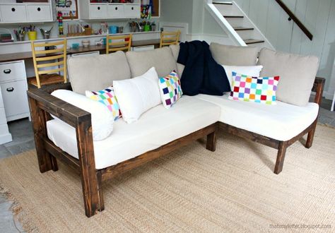 A DIY tutorial to build a sectional style sofa using two crib mattresses for cushions. A sofa you can build yourself and reuse old crib mattresses. Crib Mattress Couch, Diy Sectional Sofa, Diy Crib Mattress, Diy Sectional, Toddler Car Bed, Old Cribs, Kids Couch, Diy Kids Furniture, Diy Crib