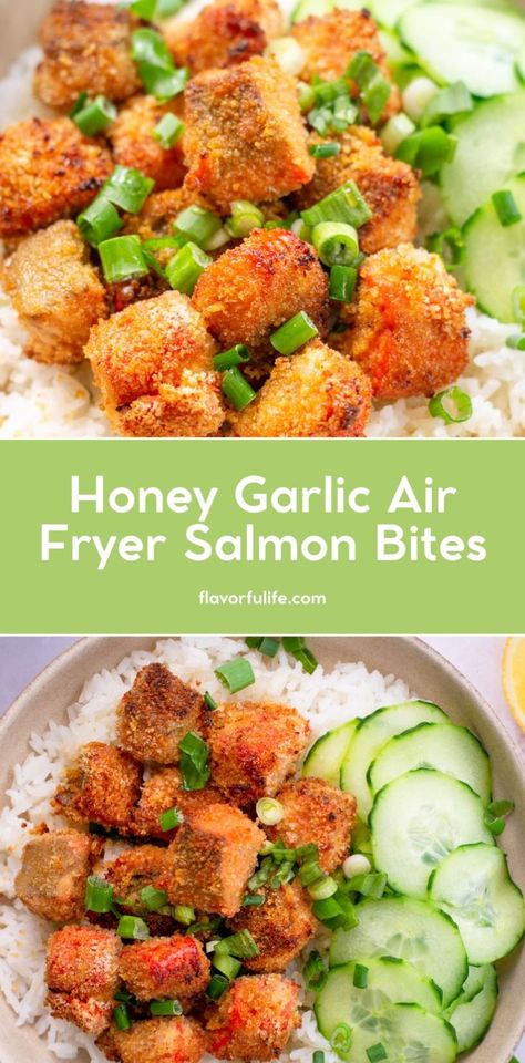 Try the best salmon bites recipe for a delicious meal. These air fried, crispy salmon bites are a hit. This salmon bites recipe is perfect for any meal, and it's an easy air fryer salmon dish you'll love. Air Fried Salmon Bites, Glazed Salmon Bites, Fried Salmon Bites, Honey Garlic Salmon Bites, Garlic Salmon Bites, Crispy Salmon Bites, Easy Air Fryer Salmon, Honey Garlic Glaze, Air Fried Salmon