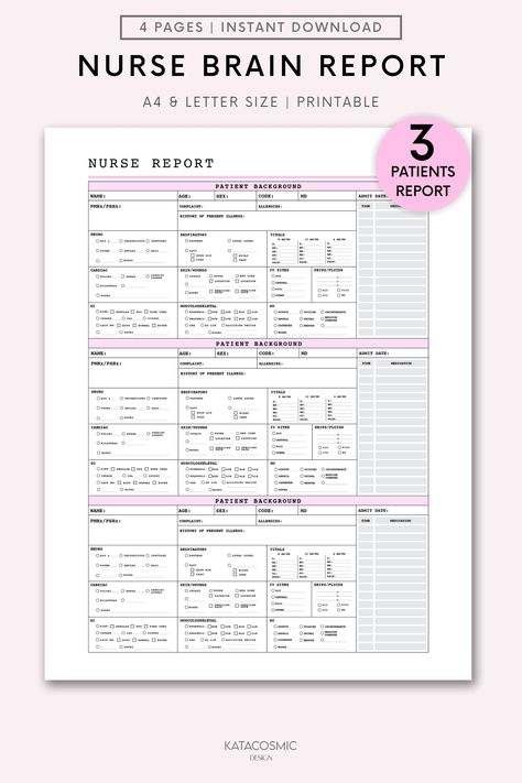 "This is a printable 3 Patient Nurse Report Sheet that has all the metrics and details your need to make your shifts more organized. .  Just download, print and get started right away! Product information: * Your purchase includes A4 and Letter templates. * Text and colours that are part of the design CAN NOT be altered. * Room for hole punches on either side * Perfect for home and office use. * Print as many pages as you need. * Simply print from your home printer, or send to a local printing s Nursing Report Sheet Templates, Nursing Printables, Med Surg Nurse, Nurse Brain Sheet, Nurse Brain, Nurse Report Sheet, Med Surg Nursing, Nursing School Tips, Med Surg