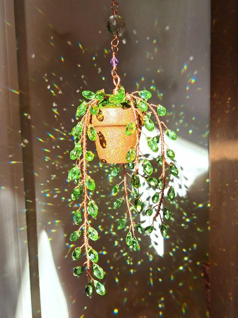 PRE ORDER Forever Succulent, Beaded Suncatcher, Crystal Decor, Plant Decor - Etsy Wire Wind Chimes, Plant Decor Aesthetic, Plant Decor Outdoor, Bedroom Plant Decor, Plant Decor Bedroom, Sun Chimes, Sun Catcher Diy, Bead Plant, Wind Chime Diy