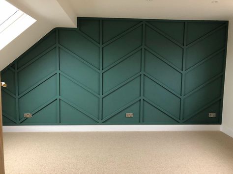 Herringbone batten feature wall in green Herringbone Wall Panel, Green Panelling Office, Painted Herringbone Accent Wall, Emerald Green Accent Wall, Herringbone Feature Wall, Girls Bedroom Accent Wall, Batten Feature Wall, Green Feature Wall, Wall Design Painted