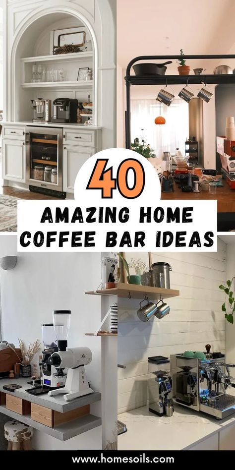 Create the perfect coffee nook with these 40 amazing home coffee bar ideas! From stylish setups to cozy corners, design a space to brew and enjoy your favorite coffee. Visit our site for more inspiration! Espresso Coffee Bar Ideas, How To Set Up A Coffee Bar, Coffee Bar In Front Of Window, Unique Coffee Bar Ideas, Coffee Bar Ideas With Mini Fridge, Coffee And Liquor Bar Ideas, Drink Bar Ideas Home, Ideas For Coffee Bar, Coffee Bar In Dining Room