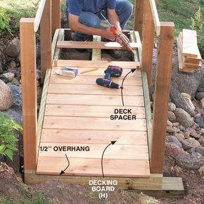 Classic Arched Backyard Bridge | Family Handyman | The Family Handyman Outside Handrails, Backyard Bridge, Backyard Bridges, Backyard Stream, Villa Architecture, Wooden Pergola, Backyard Pergola, Wooden Bridge, Dry Creek