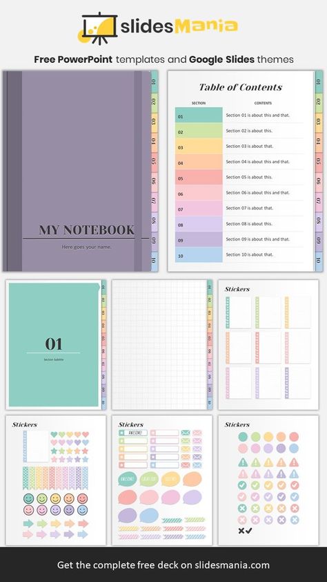 Notebook With Stickers, Free Digital Stickers, Free Planner Templates, Free Powerpoint Templates, Study Planner Printable, Free Notebook, Notebook Templates, Google Slides Theme, Digital Notebook