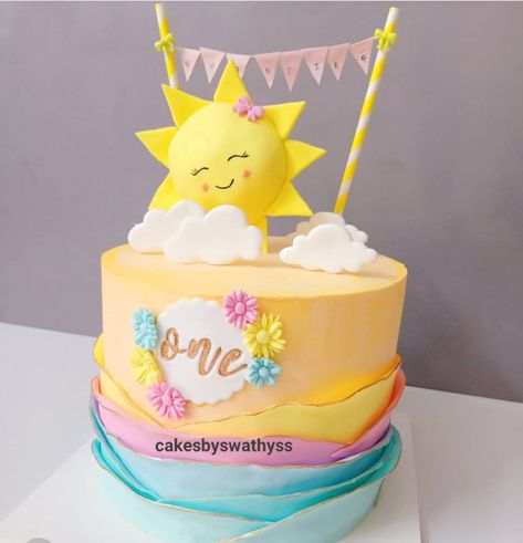 Sunshine Theme Cake! Rainbow Sunshine Cake, Sunshine And Rainbows Birthday Cake, Sun Cakes Birthday, Sunshine Themed Cake, One In The Sun Cake, Sunshine Cake Birthday, You Are My Sunshine Cake, Sunshine Cake Ideas, Sun Cake Birthday