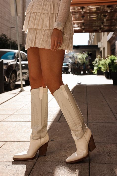 Off White Cowboy Boots, Cowboy Boots Bachelorette Outfit, Ivory Cowboy Boots Outfit, Tall White Cowboy Boots Outfit, Cream Cowboy Boots Outfit, Tall White Cowboy Boots, Country Dresses With Boots, White Country Dress, Closet Rebuild