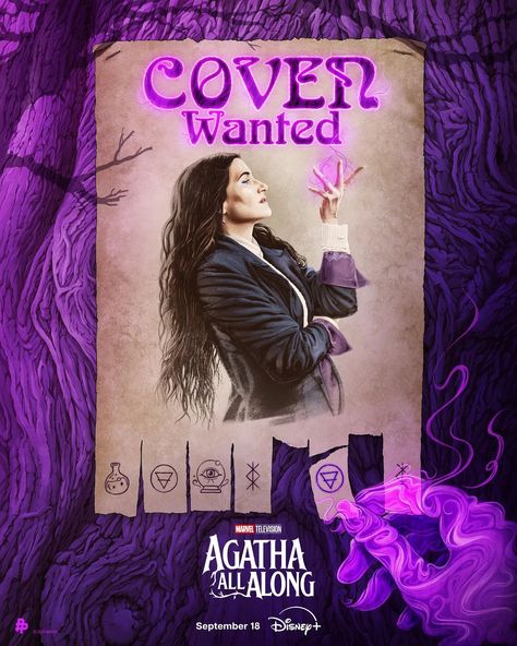 New poster for #AgathaAllAlong has been released. 🤩💪🔮💜 Streaming September 18 on Disney Plus. . . . #wandaatv #wandavision #agathaallalong #scarletwitch #brujaescarlata #marveledit #joelocke #marvellatinoamerica #like #marvelcomics #marvelstudios #guayaquil #wandacon #kathrynhahn #foryoupage #doctorstrangemultiverseofmadness #love #avengers #multiverse #latinos #ecuador #aubreyplaza #sasheerzamata Coven Of Chaos, Mcu Posters, Wandavision Agatha, The Scarlett Witch, Witches Road, Supernatural Theme, Marvel Television, Marvel Movie Posters, Agatha Harkness