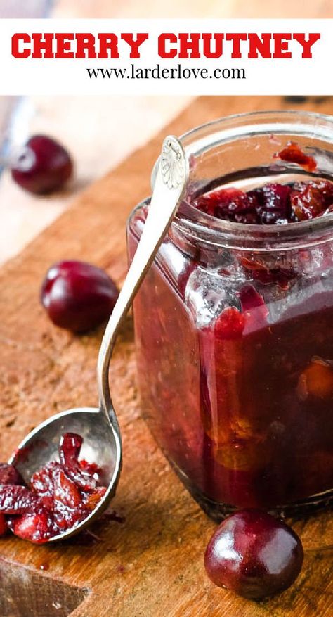 A super easy recipe for spicy cherry chutney that is perfect with everything from pate and cheese to game and BBQ #cherrychutney #cherryseason #cherrypreserves #cherries #chutney #cheeseboard #larderlove Cherry Chutney, Duck Pate, Bbq Sandwiches, Dairy Free Dips, Savory Jam, Cherry Preserves, Chutney Recipe, Cherry Recipes, Chutney Recipes