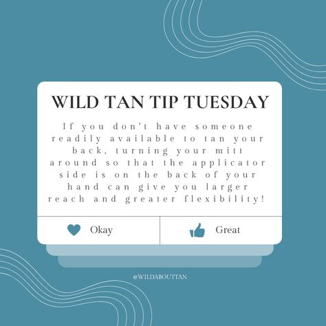 ✨ Wild Tan Tip Tuesday ✨⁠ ⁠ If you don't have someone readily available to tan your back, turning your mitt around so that that the applicator side on the back of your hand can give you larger reach and greater flexibilty!⁠ ⁠ Hope this helps 💙 #spraytanningtip #spraytantip #tanningtip #selftan #tanningtips #tanningexpert #spraytanexpert #sunlesstan #glowingskin #wildabouttan #airbrushtan #airbrushtanning #spraytantraining #spraytanexpert #perfectglow #beautytreatments #beautybizmentor Spray Tan Tips, Airbrush Tanning, Tanning Tips, Tip Tuesday, Best Tan, Sunless Tanning, Spray Tanning, Beauty Treatments, Your Back