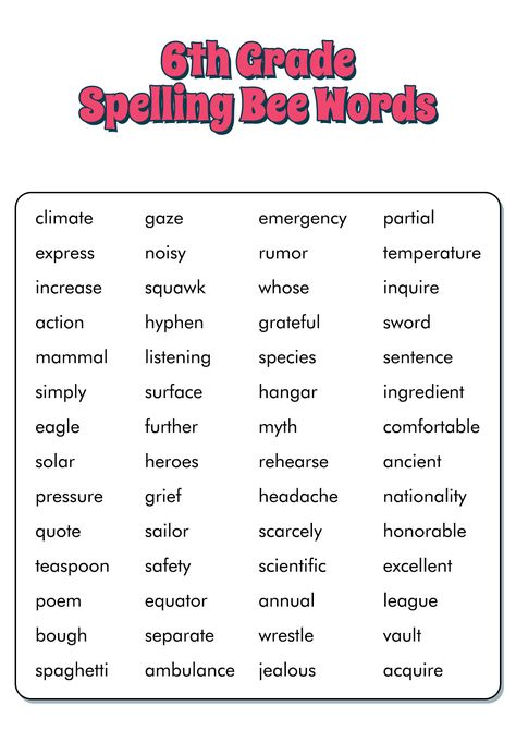 Spell Bee Words Grade 2, Grade 6 Spelling Words, Words For Spelling Bee, 6th Grade Vocabulary Words List, 6th Grade Spelling Words List, 7th Grade Spelling Words List, Spelling Bee Ideas, Grade 6 Spelling, 5th Grade Spelling Words List